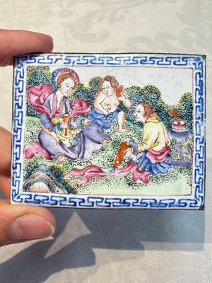 Six Chinese Canton enamel rectangular plaques with landscape, figural, floral and European subject designs, Qianlong — photo 14
