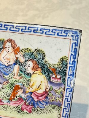 Six Chinese Canton enamel rectangular plaques with landscape, figural, floral and European subject designs, Qianlong — photo 17