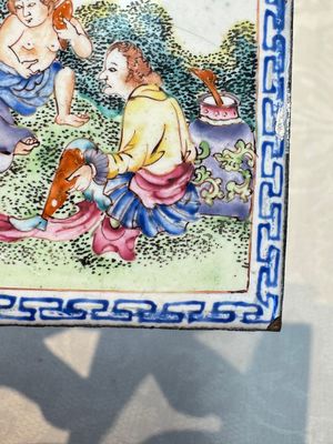 Six Chinese Canton enamel rectangular plaques with landscape, figural, floral and European subject designs, Qianlong — photo 18