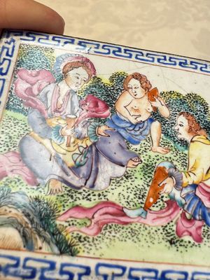 Six Chinese Canton enamel rectangular plaques with landscape, figural, floral and European subject designs, Qianlong — photo 19