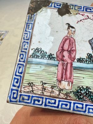 Six Chinese Canton enamel rectangular plaques with landscape, figural, floral and European subject designs, Qianlong — photo 28