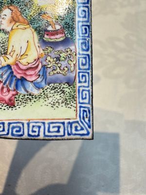 Six Chinese Canton enamel rectangular plaques with landscape, figural, floral and European subject designs, Qianlong — photo 3