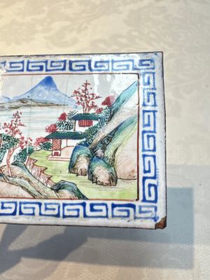 Six Chinese Canton enamel rectangular plaques with landscape, figural, floral and European subject designs, Qianlong — photo 49