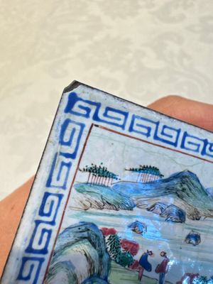 Six Chinese Canton enamel rectangular plaques with landscape, figural, floral and European subject designs, Qianlong — photo 54