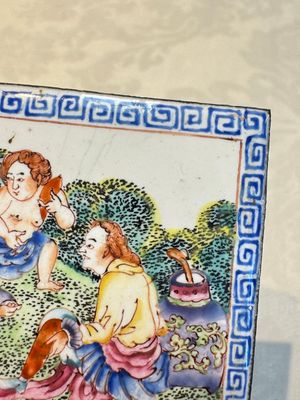Six Chinese Canton enamel rectangular plaques with landscape, figural, floral and European subject designs, Qianlong — photo 6