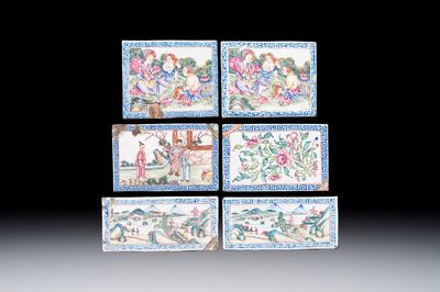 Six Chinese Canton enamel rectangular plaques with landscape, figural, floral and European subject designs, Qianlong