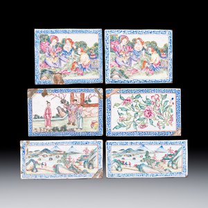Six Chinese Canton enamel rectangular plaques with landscape, figural, floral and European subject designs, Qianlong — photo 1