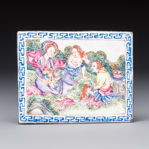 Six Chinese Canton enamel rectangular plaques with landscape, figural, floral and European subject designs, Qianlong — photo 6