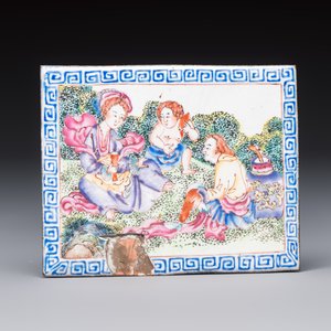 Six Chinese Canton enamel rectangular plaques with landscape, figural, floral and European subject designs, Qianlong — photo 8