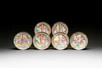 Six Chinese Canton famille rose deep plates with narrative design, 19th C.