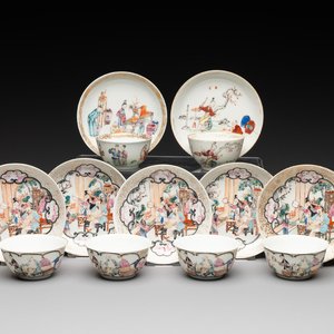 Six Chinese Canton famille rose 'mandarin subject' cups and seven saucers, Yongzheng/Qianlong — photo 1