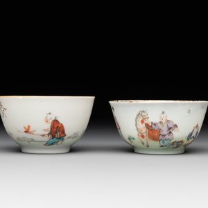 Six Chinese Canton famille rose 'mandarin subject' cups and seven saucers, Yongzheng/Qianlong — photo 12