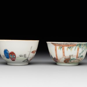 Six Chinese Canton famille rose 'mandarin subject' cups and seven saucers, Yongzheng/Qianlong — photo 13