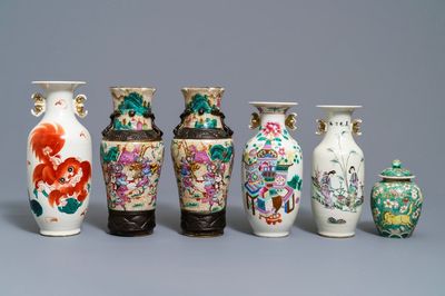 Six Chinese famille rose and verte vases, 19th C.