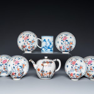 Six Chinese famille rose cups and saucers, an Imari-style teapot and a blue and white mug, Kangxi/Qianlong — photo 1