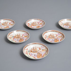 Six Chinese famille rose cups and saucers with European ships, Qianlong — photo 2