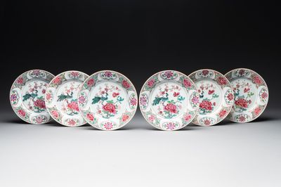 Six Chinese famille rose 'peacock and flowers' plates, Yongzheng