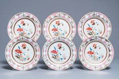 Six Chinese famille rose plates with floral design, Qianlong