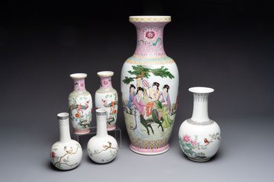 Six Chinese famille rose vases, 20th C.