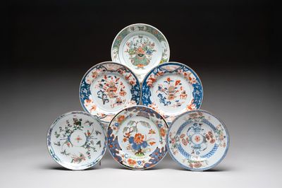 Six Chinese famille verte and Imari-style plates, Kangxi/Yongzheng