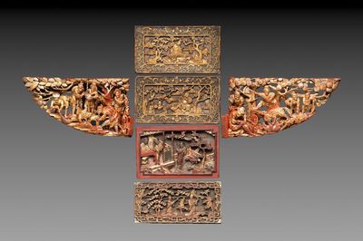 Six Chinese gilt and lacquered wooden panels, 19th C.