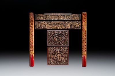 Six Chinese gilt lacquered panels with narrative design, 19th C.