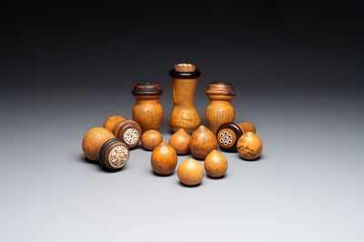 Six Chinese gourd cricket cages and seven carved gourds, 20th C.