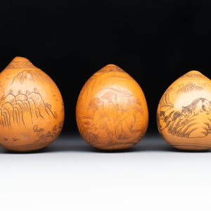 Six Chinese gourd cricket cages and seven carved gourds, 20th C. — photo 11