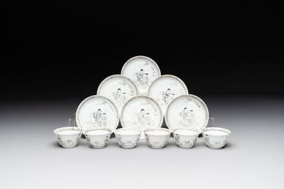Six Chinese grisaille cups and saucers with Magu and a servant, Yongzheng/Qianlong