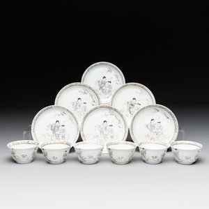 Six Chinese grisaille cups and saucers with Magu and a servant, Yongzheng/Qianlong — 照片 1