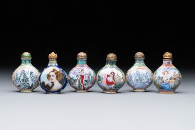 Six Chinese Peking enamel snuff bottles with European design, Qianlong mark, 19/20th C.