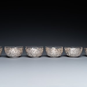 Six Chinese reticulated silver 'bamboo' bowls with glass inserts, 19/20th C. — photo 3
