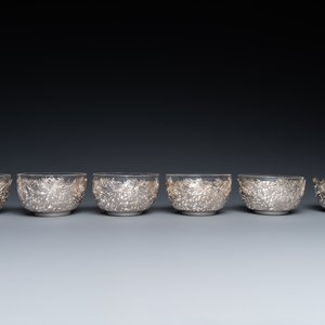 Six Chinese reticulated silver 'bamboo' bowls with glass inserts, 19/20th C. — photo 5