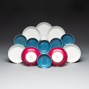 Six Chinese robin's egg-glazed saucers and seven ruby-back plates, Qianlong and Shengshengchun 生生春 marks, 19/20th C. — 照片 1