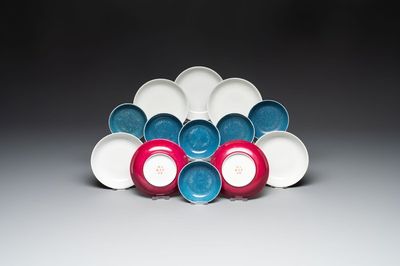 Six Chinese robin's egg-glazed saucers and seven ruby-back plates, Qianlong and Shengshengchun 生生春 marks, 19/20th C.