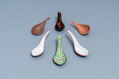 Six Chinese Yixing stoneware, lacquer and Canton enamel spoons, 19/20th C.