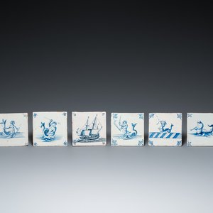 Six Duch Delft blue and white tiles with sea monsters and a ship, 17th C. — photo 1