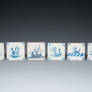 Six Duch Delft blue and white tiles with sea monsters and a ship, 17th C. — photo 2