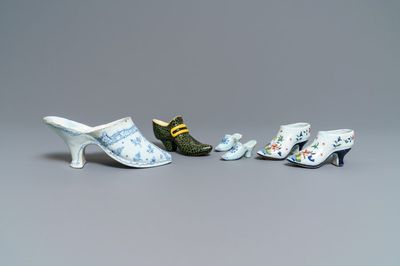 Six Dutch Delft and French faience models of shoes and slippers, 18/19th C.