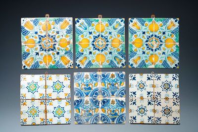 Six fields of four polychrome Dutch Delft ornamental tiles, 17th C.