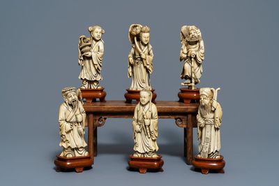 Six figures d'immortels en ivoire sculpté, Chine, 19ème