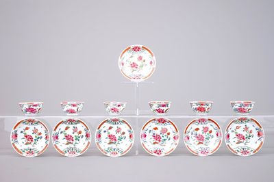 Six fine Chinese famille rose cups and seven saucers, Qianlong, 18th C.