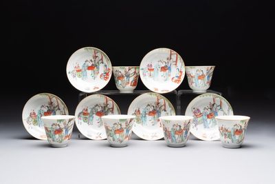 Six fine Chinese famille rose 'Xi Xiang Ji' cups and saucers, Xianfeng mark and of the period