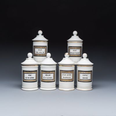 Six French gilt-decorated inscribed apothecary jars and covers, 19th C.