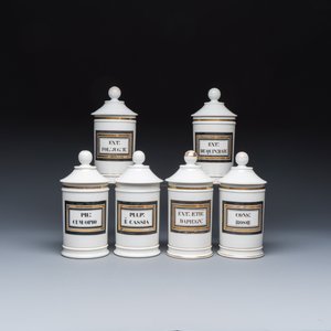 Six French gilt-decorated inscribed apothecary jars and covers — photo 1
