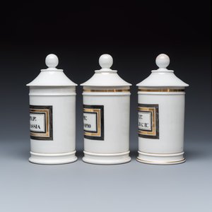 Six French gilt-decorated inscribed apothecary jars and covers — photo 11