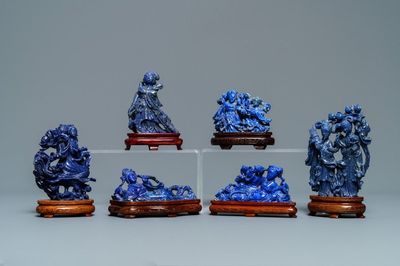 Six groupes en lapis lazuli sculpté, Chine, 20ème