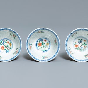 Six lobed Chinese famille verte café-au-lait-ground cups and saucers, Kangxi — 照片 16