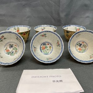 Six lobed Chinese famille verte café-au-lait-ground cups and saucers, Kangxi — 照片 20