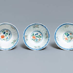 Six lobed Chinese famille verte café-au-lait-ground cups and saucers, Kangxi — 照片 10